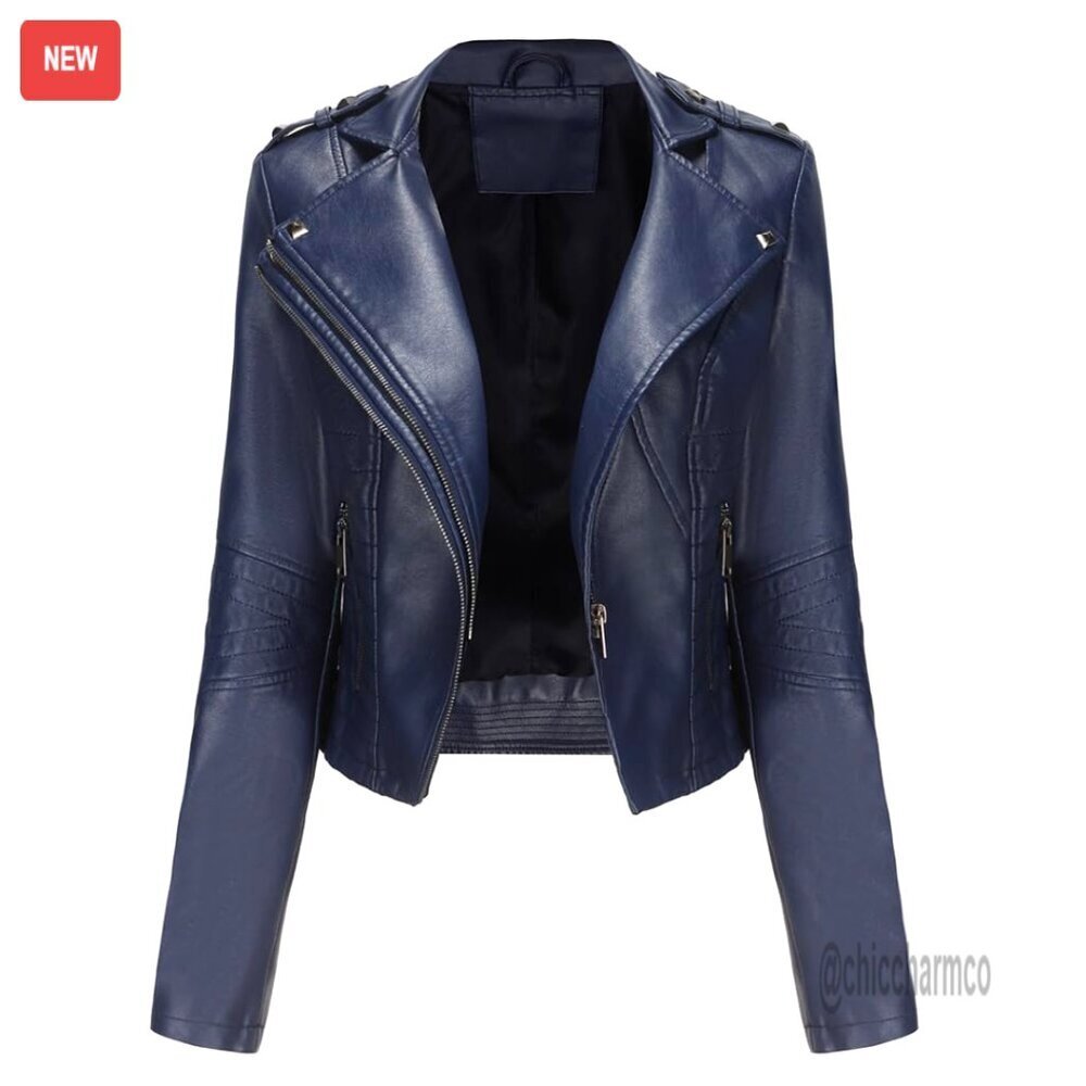 PU Leather Bomber Jacket Cropped Moto Style Zipper Windproof Chic
